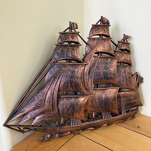 Nautical Sail Ship Wall Hanging Vintage Plastic Coppercraft Syroco 4261 Dart Ind - Picture 1 of 5